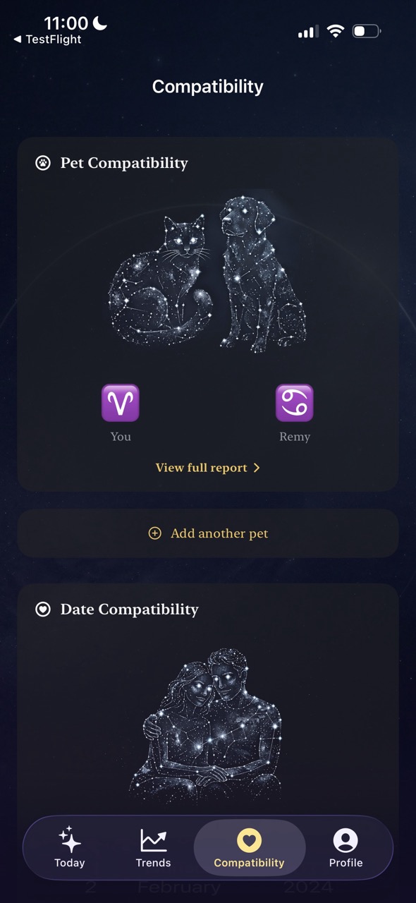 Meridi Compatibility view with pet and date compatibility