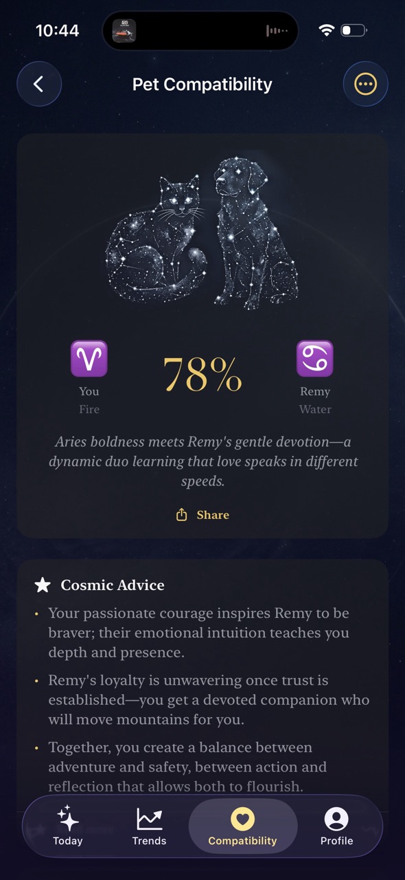 Meridi Pet Compatibility report with cosmic advice