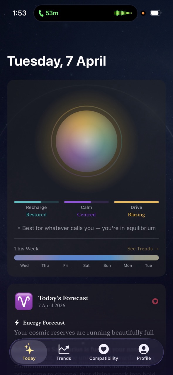 Meridi Today view showing daily aura scores and forecast
